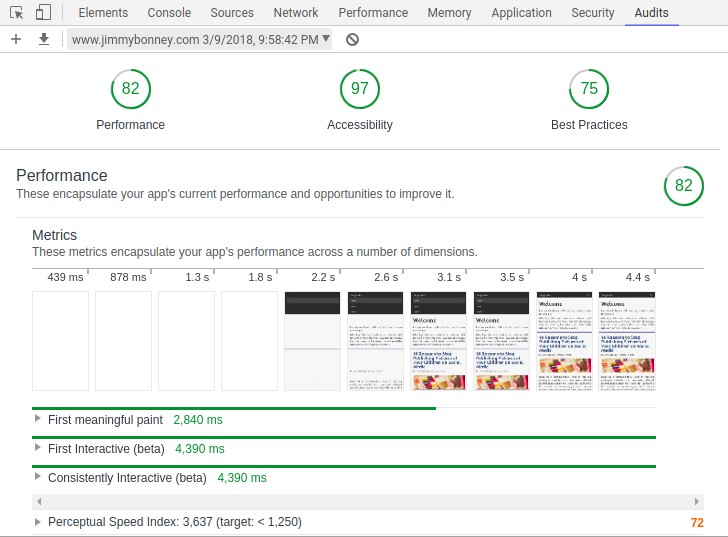 Chrome performance audit - start page before performance optimization