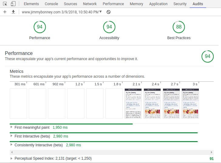 Chrome performance audit - start page after performance optimization